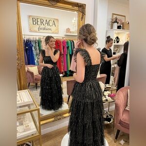 Tahari ASL Black Metallic-Strip Tiered Maxi Dress